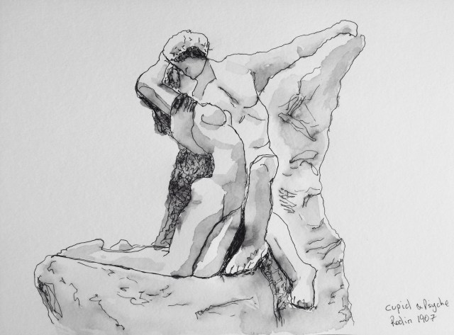 Rodin statue in pen aand wash